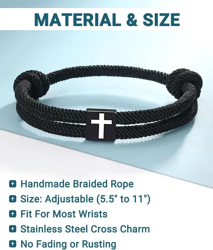 Vista 3 de UNGENT THEM Pulsera de cuerda trenzada con cruz para hombres y niños, Navidad, San Valentín, graduación, Pascua, regalos de bautismo cristiano