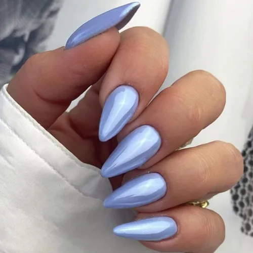 Vista 5 de Paquete de 6 uñas postizas a presión con forma de almendra media, uñas postizas acrílicas de cobertura completa con diseños de cromo rosa francés