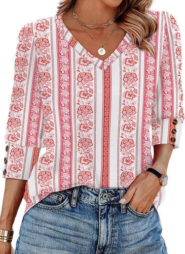 Vista 8 de XIEERDUO - Blusas de manga 3/4 para mujer, cuello en V, con botones, estilo A-blanco