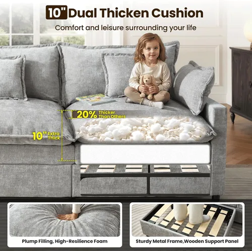 Vista 5 de ovios Sofá modular Cloud de 108 pulgadas con 2 otomanas, sofá en forma de U de 5 plazas, cómodos sofás de felpilla con 5 almohadas para sala de Gris