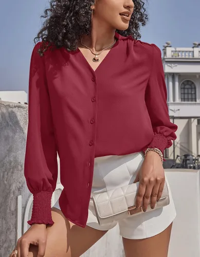 Vista 3 de Aifer Blusa para mujer, manga larga, elegante, casual, cuello en V, con botones, blusas 2024