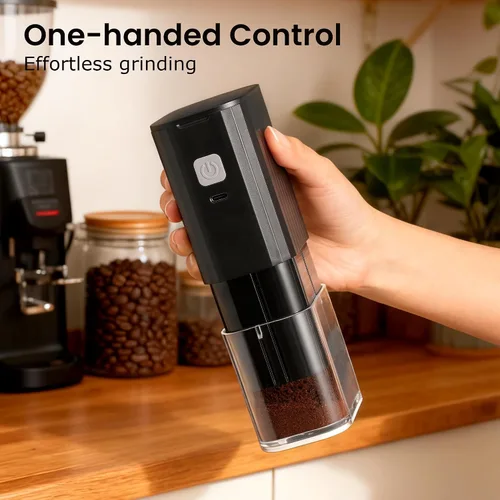 Vista 8 de VEVOK CHEF Molinillo de café eléctrico portátil, molinillo de grano de café cónica ajustable, molinillo de un botón con recargable por USB, parada