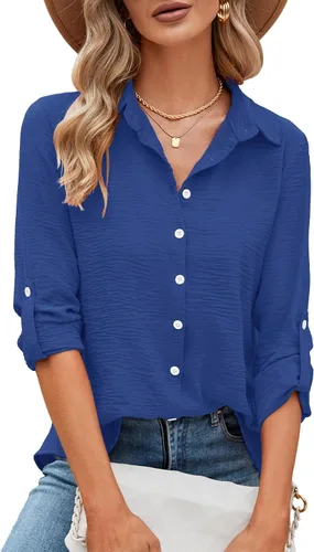 Vista 11 de Odosalii - Camisas con botones para mujer, con cuello en V, manga larga, enrolladas, blusas elegantes y formales para negocios y ocasiones casuales