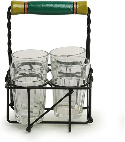 Vista 4 de ExclusiveLane "The Railway Nostalgia" - Vasos de té con soporte de hierro (juego de 4, 4.1 fl oz), vasos Chai de corte con soporte, estilo indio