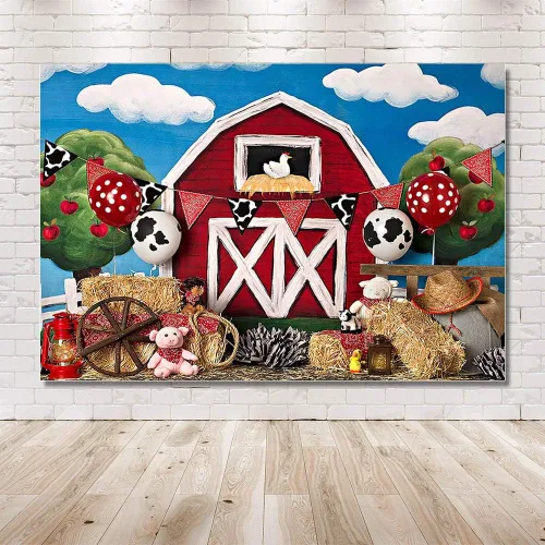 Vista 5 de MEHOFOTO - Fondo de cabina de estudio fotográfico de granero rojo de granja, animales rústicos, césped verde, cielo, decoración de fiesta