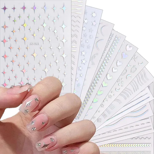 Vista 13 de 12 hojas de calcomanías de uñas doradas, calcomanías de uñas autoadhesivas 3D de metal con diseño de rayas geométricas onduladas, diseños de arte