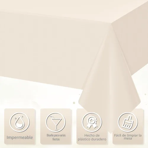 Vista 3 de 3 manteles color beige para mesas rectangulares, mantel desechable de plástico marfil, mantel impermeable color crema para cumpleaños, bodas