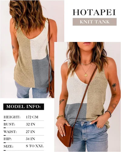 Vista 8 de HOTAPEI - Camisetas sin mangas con cuello en V, de punto, estilo casual, con bloques de color, a rayas, para mujer