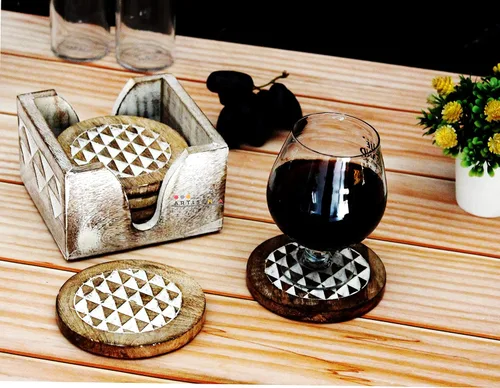 Vista 3 de Juego de 6 posavasos de madera blanqueada con soporte, posavasos rústicos para tazas de café, tazas de té y vasos, juego de posavasos de madera