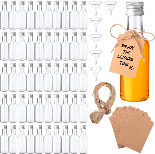 Vista 7 de Yinder Juego de 100 mini botellas de licor de 1.7 onzas a granel pequeñas botellas vacías de plástico con tapas, embudos de papel Kraft, cuerdas