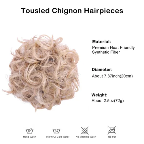 Vista 2 de Moño de cabello rizado desordenado, pieza de cabello sintético resistente al calor, extensiones de moño de cabello despeinado con cordón Updos Negro