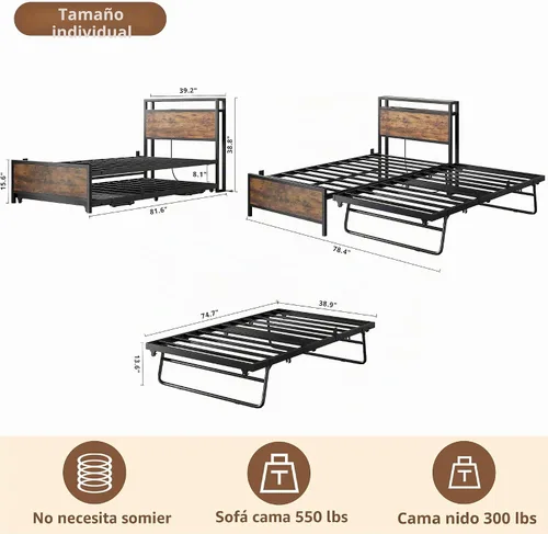 Vista 2 de IRONCK - Sofá cama doble con cama nido, cabecera de almacenamiento y estación de carga Sturdy Metal Twin Bed Frame, Space-Saving Pop Up Trundle