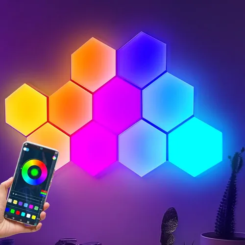 Vista 9 de Paneles de luz hexagonales de expansión, 4 paneles LED, luces LED hexagonales de pared, efectos de color de sueño, luces inteligentes