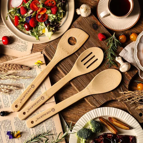 Vista 4 de Cucharas de madera para cocinar, juego de utensilios de cocina, 6 cucharas de madera de bambú y espátula utensilios de cocina