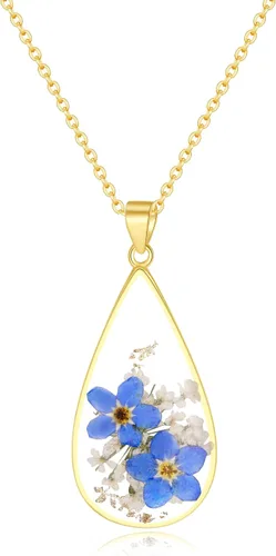 Vista 54 de Forget-Me-Not and Queen Anne's Lace Pressed Wildflower Necklace Birth Month Real Flower Necklace Gold/Silver Pressed Flower Jewelry