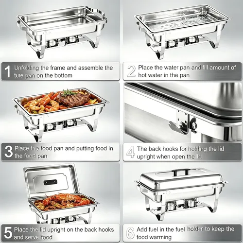 Vista 8 de Juego de Bandejas Calentadoras (Chafing Dish) para Buffet de 4 Piezas, Bandeja de Comida Rectangular Plegable de Acero Inoxidable de 8 Cuartos