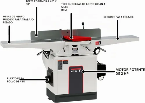 Vista 6 de JET Ensambladora de 8 pulgadas, cuchillo recto, 2 HP, 230V 1Ph (JWJ-8CS)