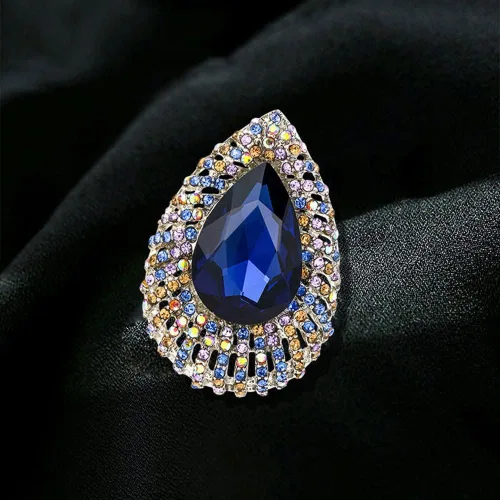 Vista 4 de Broche de lágrima de diamantes de imitación para mujeres y niñas, cristales coloridos de moda, color azul, circonita cúbica, broches de gota