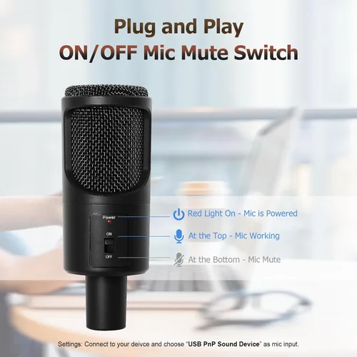 Vista 4 de Micrófono USB para PC, micrófono de condensador de podcast con interruptor de silencio de trípode plegable para transmisión, juegos, podcasting