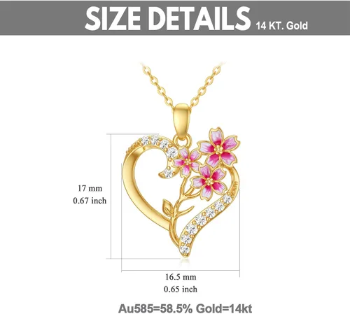 Vista 31 de Collar de flor de nacimiento de oro real de 14 quilates para mujer, oro amarillo creado moissanita con colgante de corazón, collares