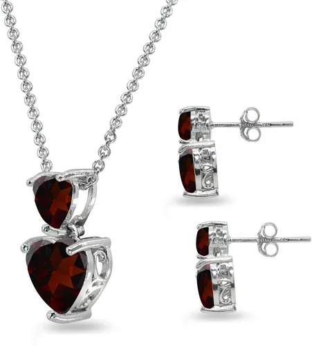 Vista 5 de Juego de collar y aretes de tuerca de plata de ley con piedras preciosas auténticas, creadas o simuladas con doble corazón