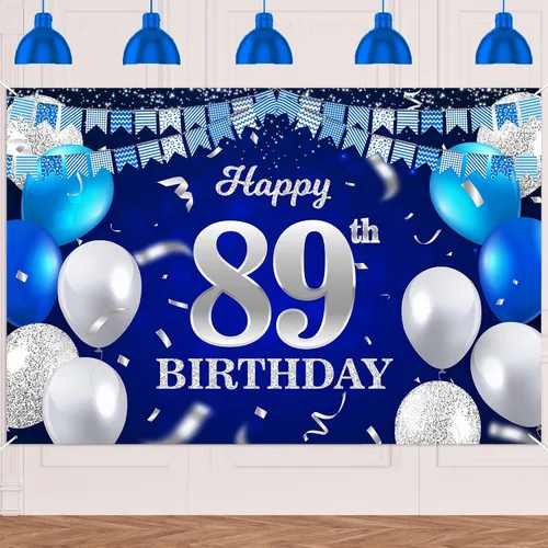 Vista 11 de Bandera de feliz primer cumpleaños con fondo azul marino, globos, confeti, bandera de rayas, luces de puntos, felicitaciones por el tema de 1 año