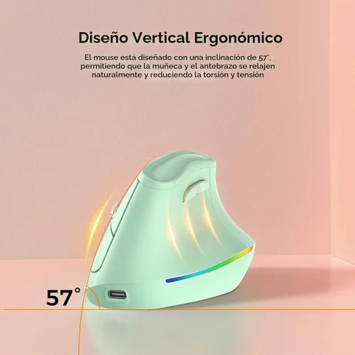 Vista 3 de KYSONA Ratón ergonómico inalámbrico de 57°, mouse vertical, mouse de túnel carpiano, luz RGB, recargable, Bluetooth y 2.4G, ajuste DPI de 5 niveles
