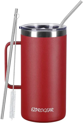 Vista 9 de Ezprogear Taza de café de acero inoxidable de 32 onzas con aislamiento y asa, tapa (32 onzas, taza rosa clavel) Vaso aislante, con asa, con tapa