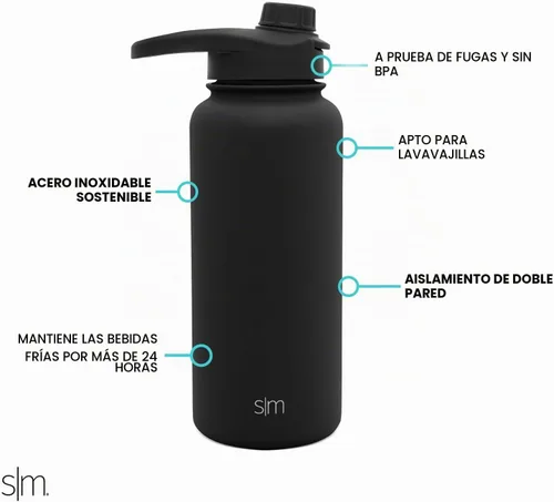 Vista 2 de Simple Modern botella de agua con tapa para beber con pajilla, termo metálico de acero inoxidable con aislamiento al vacío, colección Summit Negro