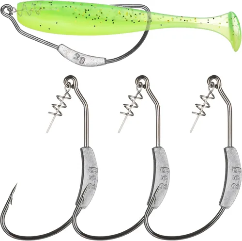 Vista 12 de Twistlock Fishing Hooks with Weight, 25pcs Worm Hooks with Centering Pin Spring Weighted Swimbait Hooks for Soft Plastic Lures Baits Bass Fishing