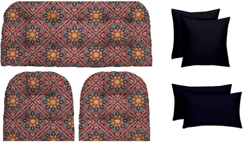 Vista 17 de RSH DECOR Juego de 7 piezas de mimbre copetudo para interiores y exteriores, sofá biplaza, cojines cuadrados y lumbares, hecho de telas aztecas