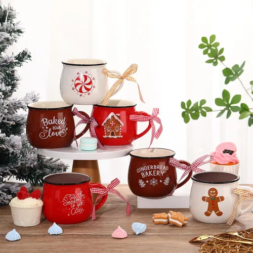 Vista 5 de Sawysine Juego de 6 tazas de café de Navidad, tazas de cerámica de 12 onzas, regalo de chocolate caliente para familiares, mamá, mujer, amiga, casa