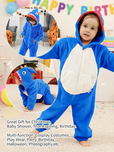 Vista 6 de LOLANTA Disfraz de tiburón de dinosaurio para niños y niñas, overol de franela de animal suave de una pieza para niños, vacaciones, cumpleaños