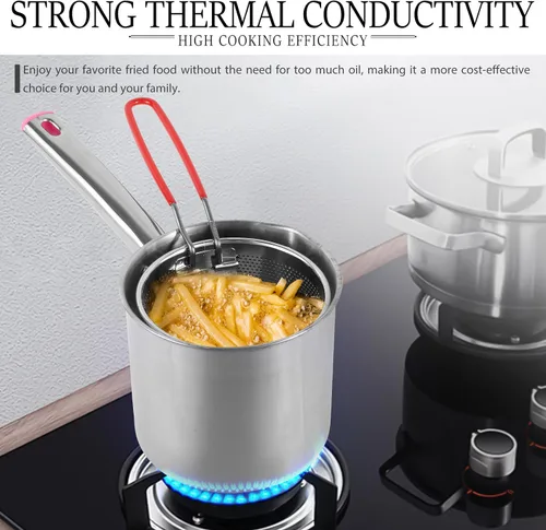 Vista 2 de Olla para freír con cesta coladora, olla de acero inoxidable con tapa y asa, mini freidora de aceite de 1.8 litros, freidora portátil, freidora
