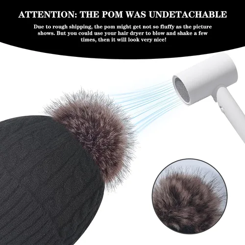Vista 5 de Gorro de punto con pompón para mujer, gorro de invierno cálido con forro polar para mujer