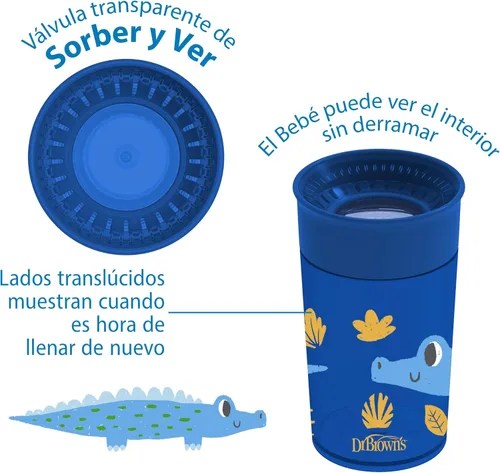 Vista 18 de Dr. Brown's Milestones Cheers 360 - Vaso de transición sin boquilla, apto para viajes y sin fugas, para bebés y niños pequeños, animales azul/verde