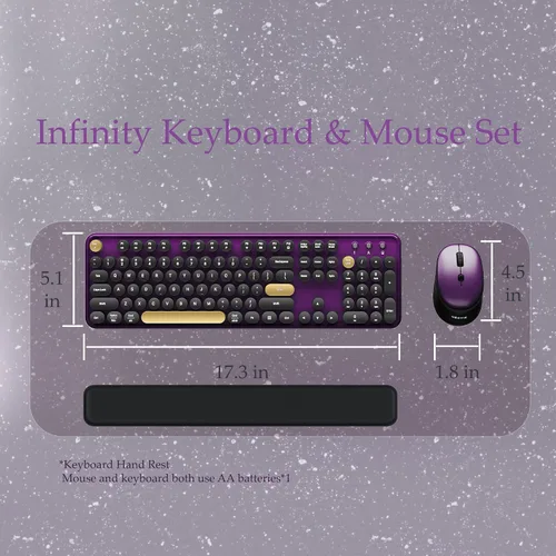 Vista 5 de Combo de teclado y mouse inalámbricos morado, teclado de máquina de escribir de tamaño completo con teclas completas, teclado de computadora retro
