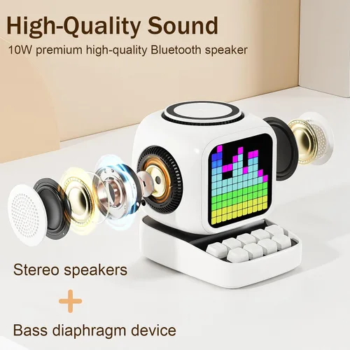 Vista 2 de Altavoz Bluetooth con pantalla LED clásica de 11 x 11 píxeles, altavoces de escritorio compatibles con carga inalámbrica para iPhone
