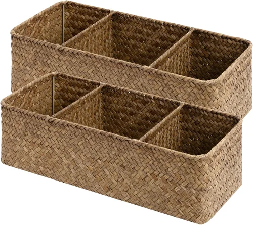Vista 8 de StorageWorks Cestas de papel higiénico para estantes, cestas de mimbre de 3 secciones, cesta de inodoro para tapa de depósito, encimera, despensa