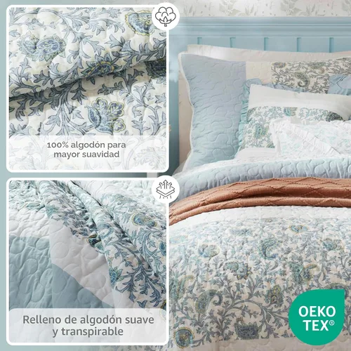 Vista 3 de Madison Park Juego de edredón 100% algodón con estampado floral, costuras de doble cara, para todas las estaciones, colcha ligera, ropa de cama Aqua