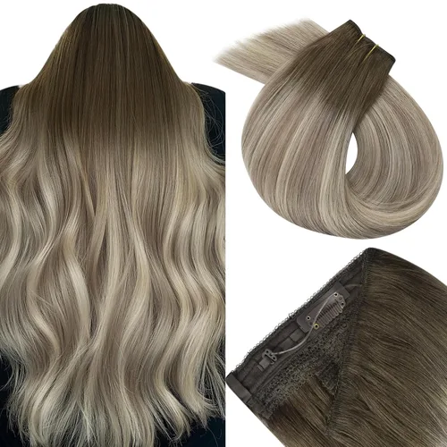 Vista 142 de Easyouth Extensión de cabello humano rubio con cola de caballo, extensiones de cabello humano rubio dorado con reflejos rubios, extensiones