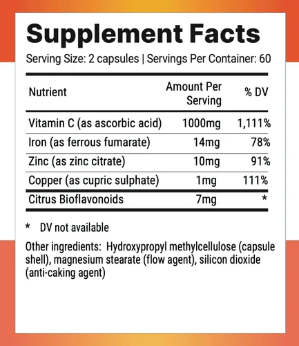 Vista 2 de Nutri-Align Mega Vitamina C 120 cápsulas de vitamina C de alta resistencia de 1000 mg - VIT C y suplemento de zinc, hierro y cobre Suplementos