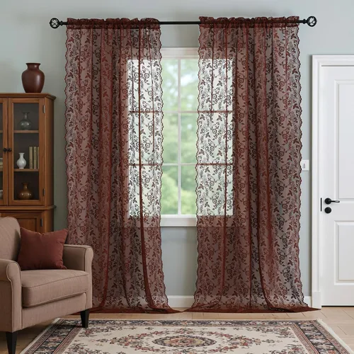 Vista 38 de FINECITY 2 paneles de cortinas de encaje beige de 36 pulgadas de largo con hojas florales rústicas, cortinas cortas y transparentes para ventana