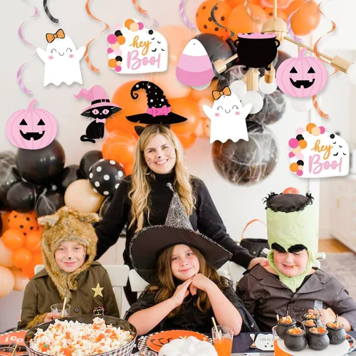 Vista 7 de Remolinos colgantes para fiesta de Halloween, lindo caldero de bruja fantasma, calabaza, boo, serpentina colgante de techo para Little Boo Happy Boo