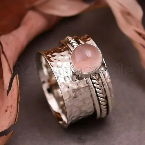 Vista 2 de Rose Quartz Spinner Band Ring, Sterling Silver Handmade Meditation Fidget Jewelry, Statement Anxiety-Relief Design, Unique Gift for Women