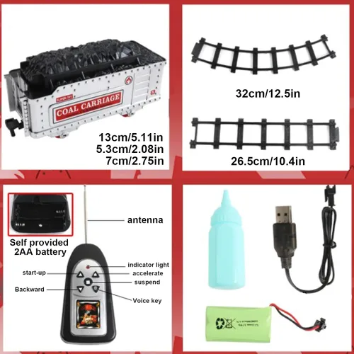 Vista 4 de Tren eléctrico de Navidad con control remoto con humo, luces, sonido, locomotora, automóviles y transporte remoto, recargable por USB, con pista