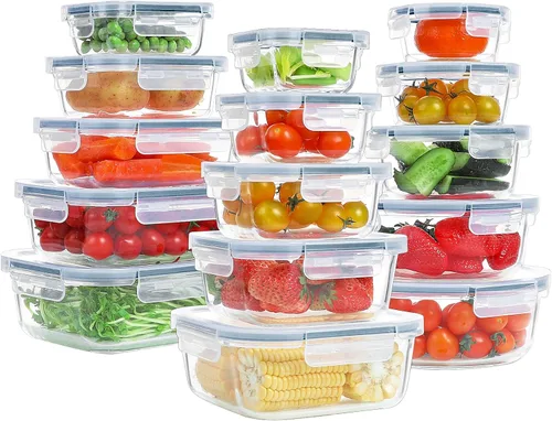 Vista 10 de BAYZZ Juego de 30 piezas de recipientes de vidrio para almacenamiento de alimentos, recipientes de vidrio para preparación de comidas con tapas