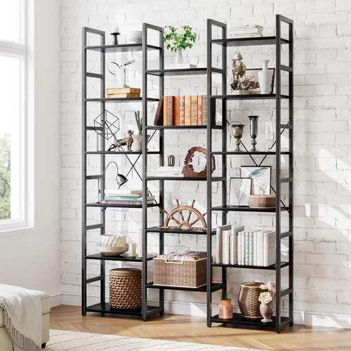 Vista 8 de NUMENN Estantería Triple Ancha de 5 Niveles, Librerías y Estanterías de Estilo Industrial Rústico con 14 Estantes de Exhibición Abiertos, Muebles