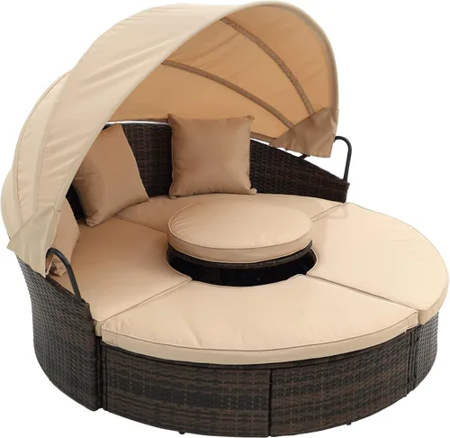 Vista 4 de Sofá cama redondo de ratán al aire libre con toldo retráctil y mesa de centro elevadora, muebles de patio, juego de sofá para piscina Garde