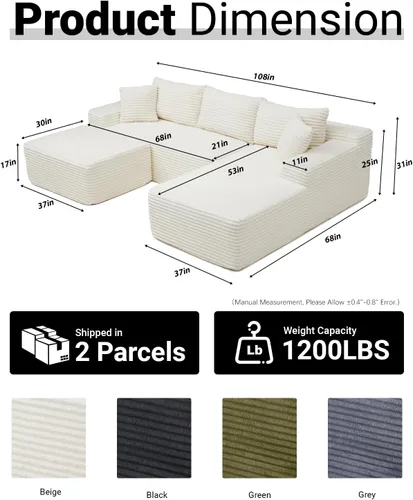 Vista 2 de Sofá seccional Cloud de 108 pulgadas, sofá seccional modular moderno con asiento profundo, sofás de pana sin estructura con chaise en forma de L